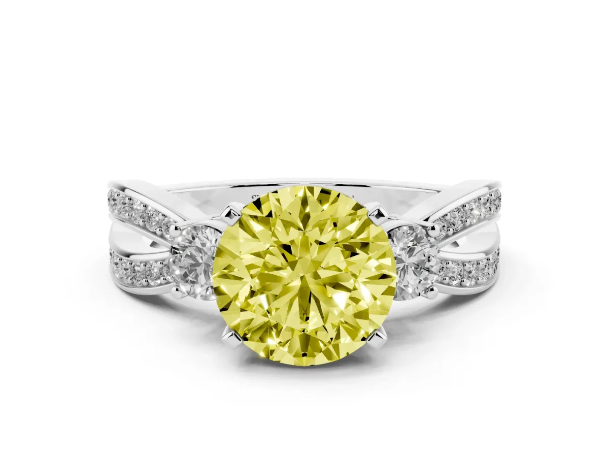 Fancy Yellow Three-Stone Round Cut Cut Diamond Twist Band with Prong Setting Platinum