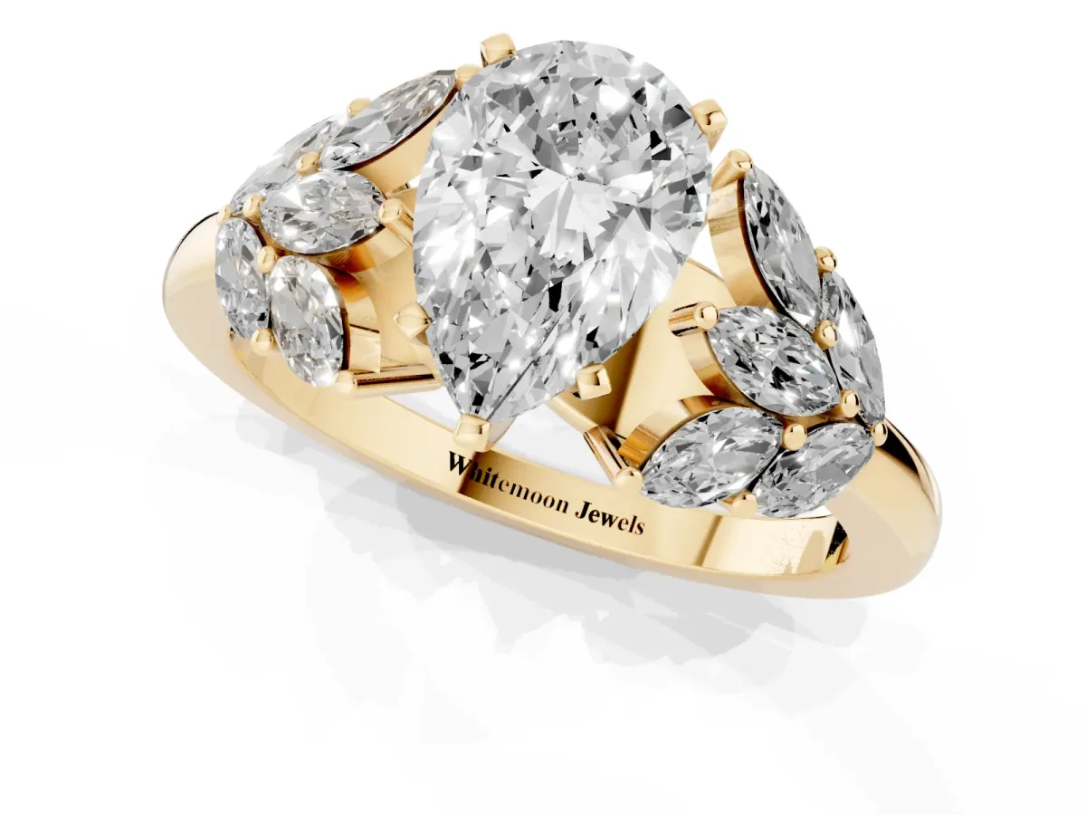 Pear Cut Diamond Cluster Leaf Design Ring with Prong Setting Yellow gold