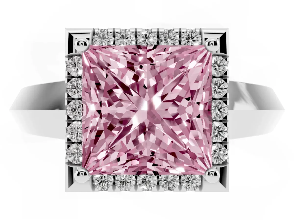 Fancy Pink Princess Cut Halo Diamond Ring with Cathedral Band and Four-Prong Setting Silver