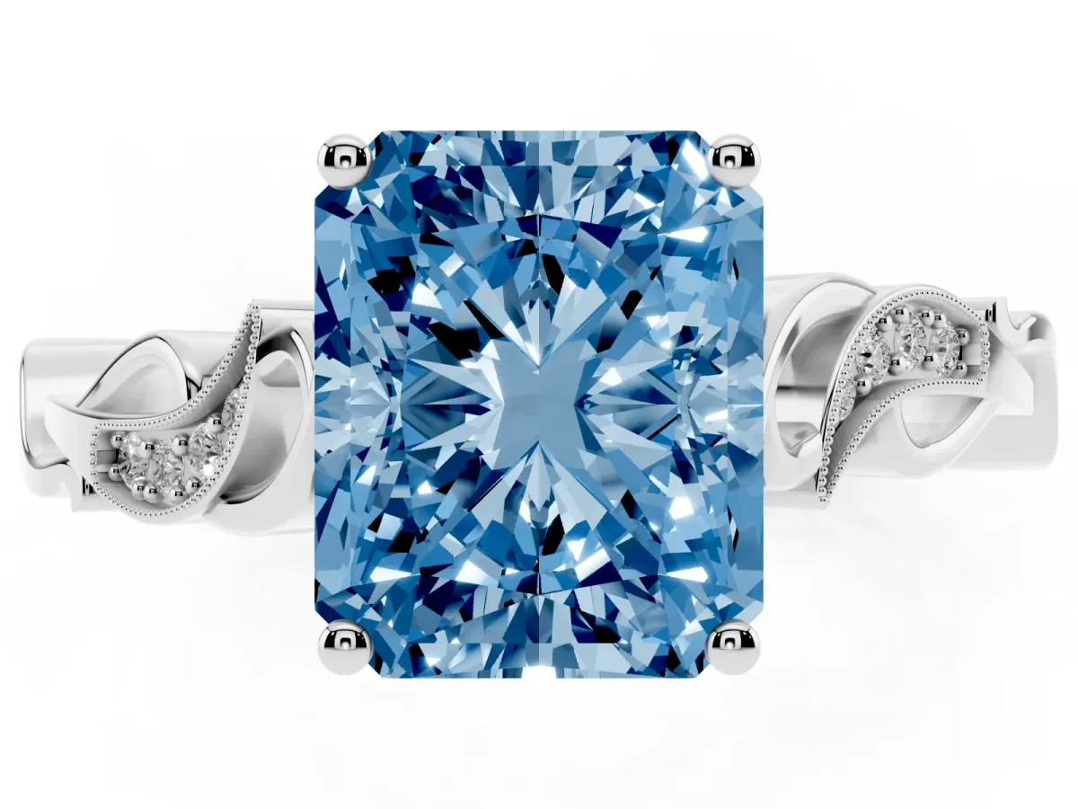 Fancy Blue Radiant Cut Solitaire Vine Band with Milgrain Prong Setting Platinum