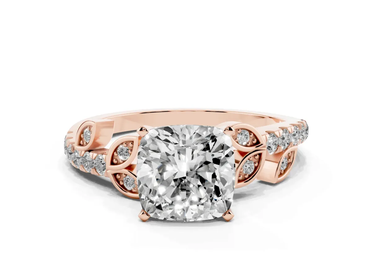 Cushion Cut Solitaire Leaf-Inspired Diamond Ring with Pavé Band and Four-Prong Setting Rose gold
