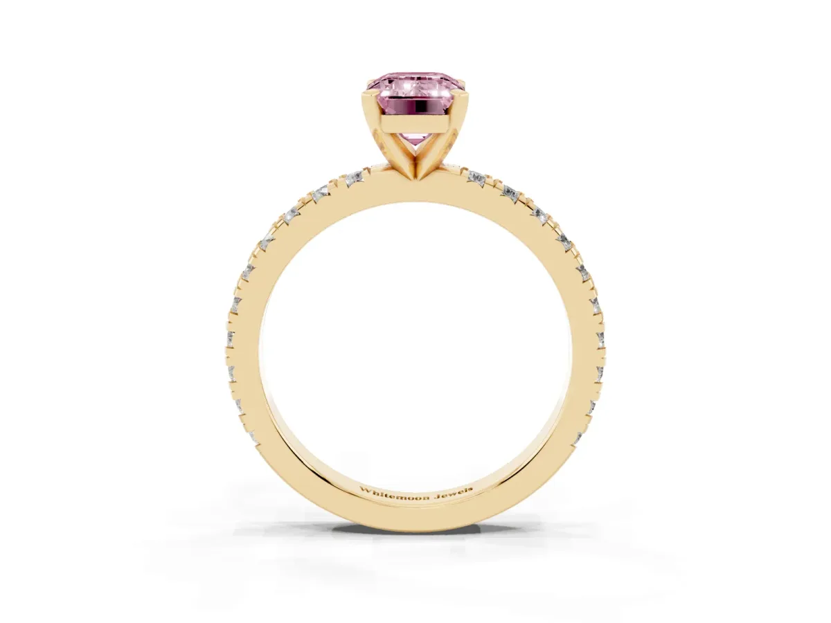 Fancy Pink Emerald Cut Diamond Pavé Band Solitaire with Four-Prong Setting Yellow gold