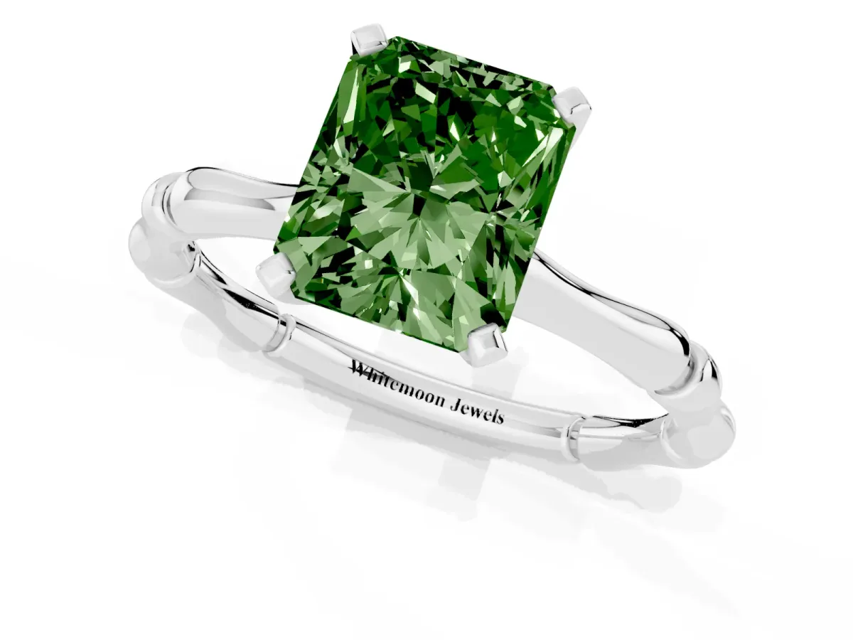 Fancy Green Radiant Cut Solitaire Diamond Ring with Bamboo Band and Four-Prong Setting Silver