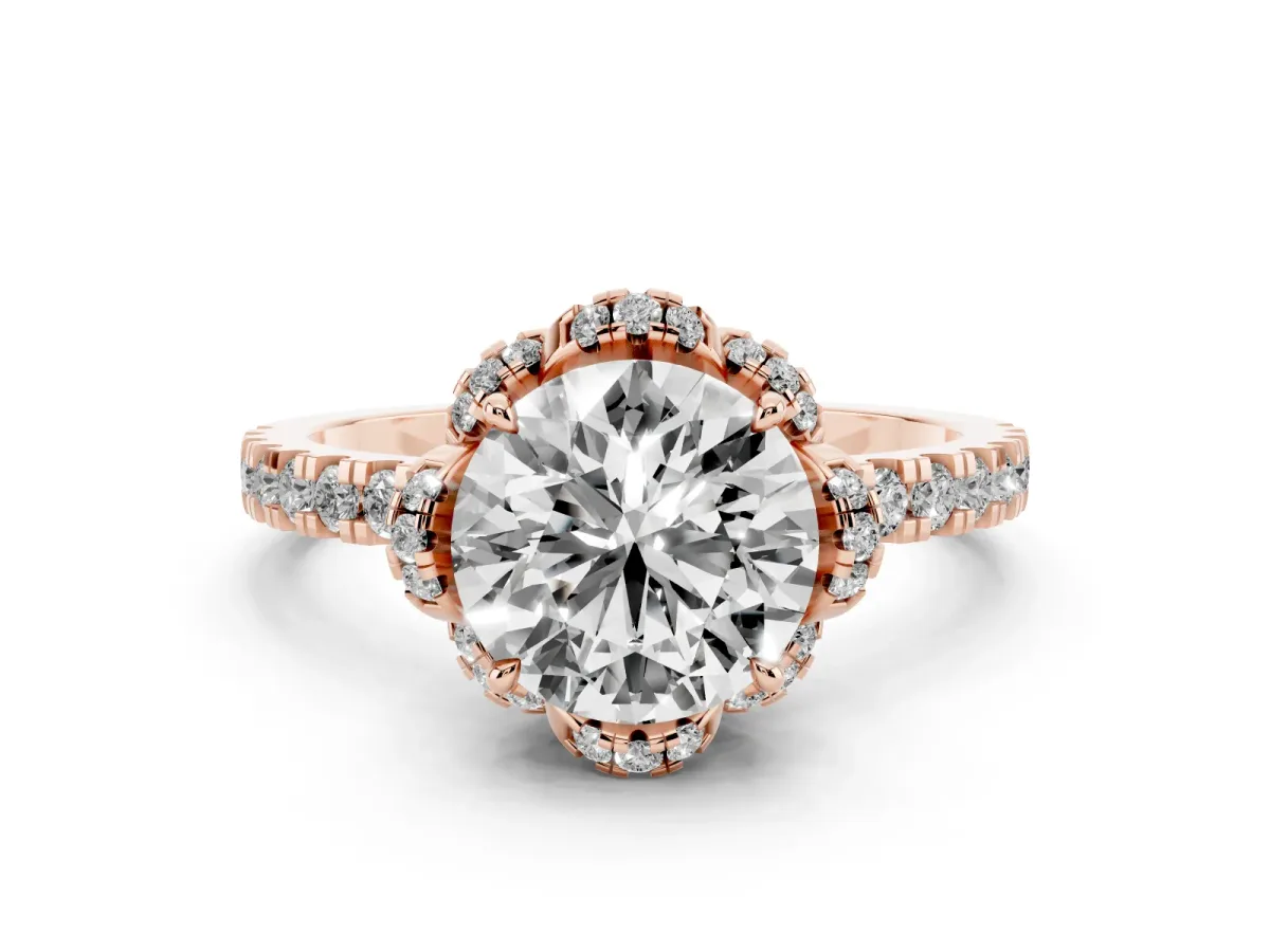 Round Cut Halo Diamond Pave Band Ring with Four-Prong Setting Rose gold