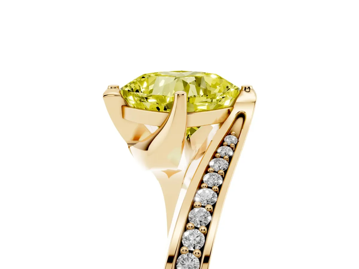 Fancy Yellow Cushion Cut Solitaire Diamond Twist Band with Pavé Setting and Four-Prong Setting Yellow gold
