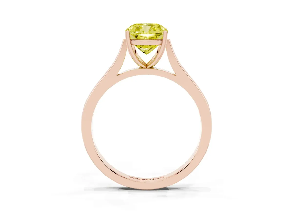Fancy Yellow Cushion Cut Solitaire Heart Prong Engagement Ring with Tapered Band Rose gold