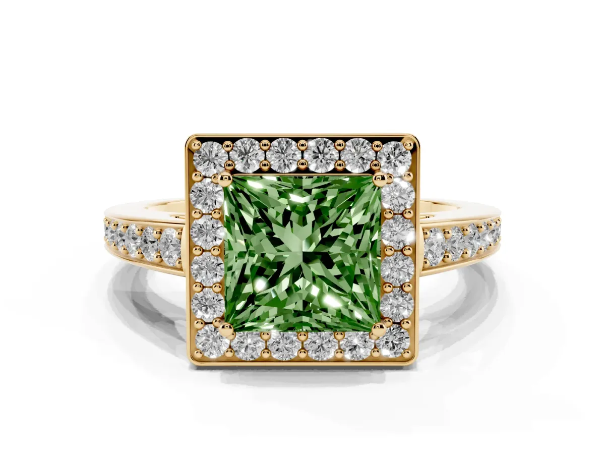 Fancy Green Princess Cut Halo Pavé Diamond Engagement Ring with Bezel Setting Yellow gold