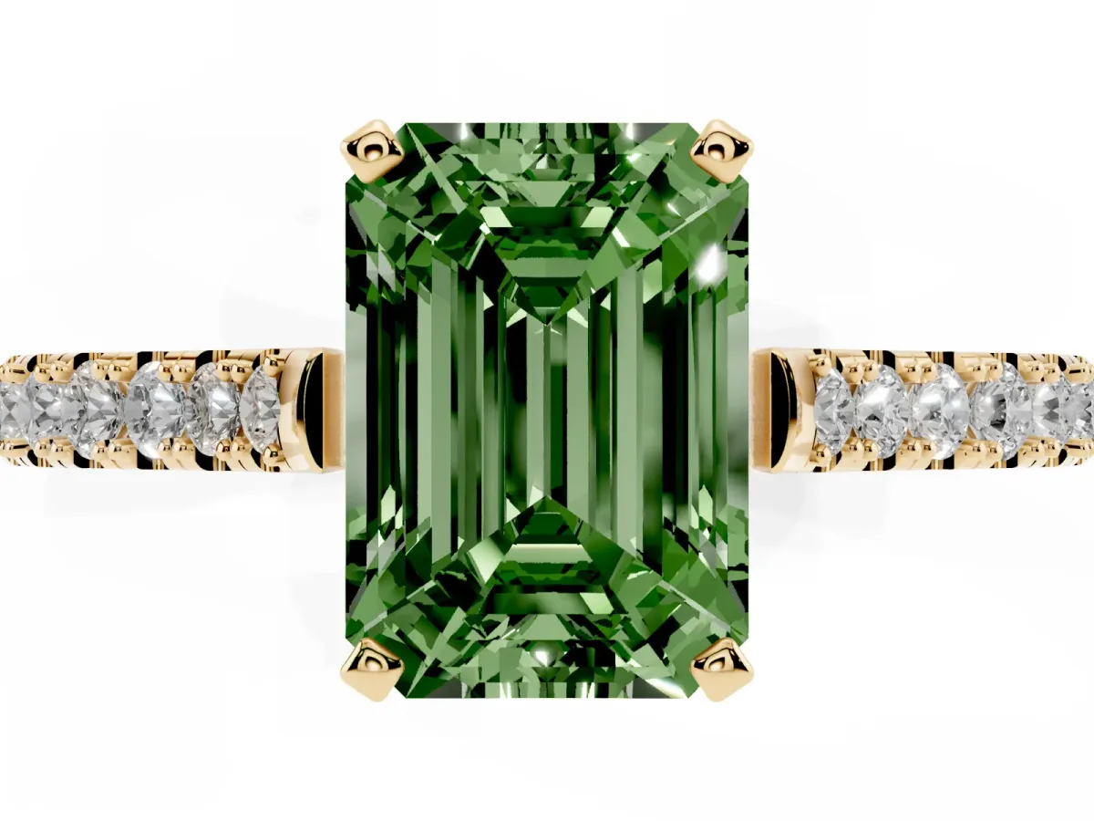 Fancy Green Emerald Cut Cut Solitaire Diamond Engagement Ring with Pave Band and Four-Prong Setting Yellow gold