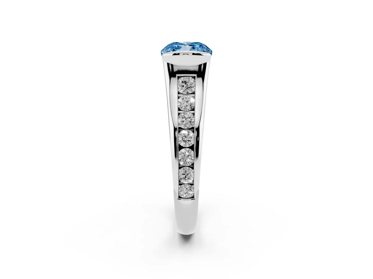Fancy Blue Cushion Cut Solitaire Bezel-Set Diamond Ring with Channel-Set Band Silver