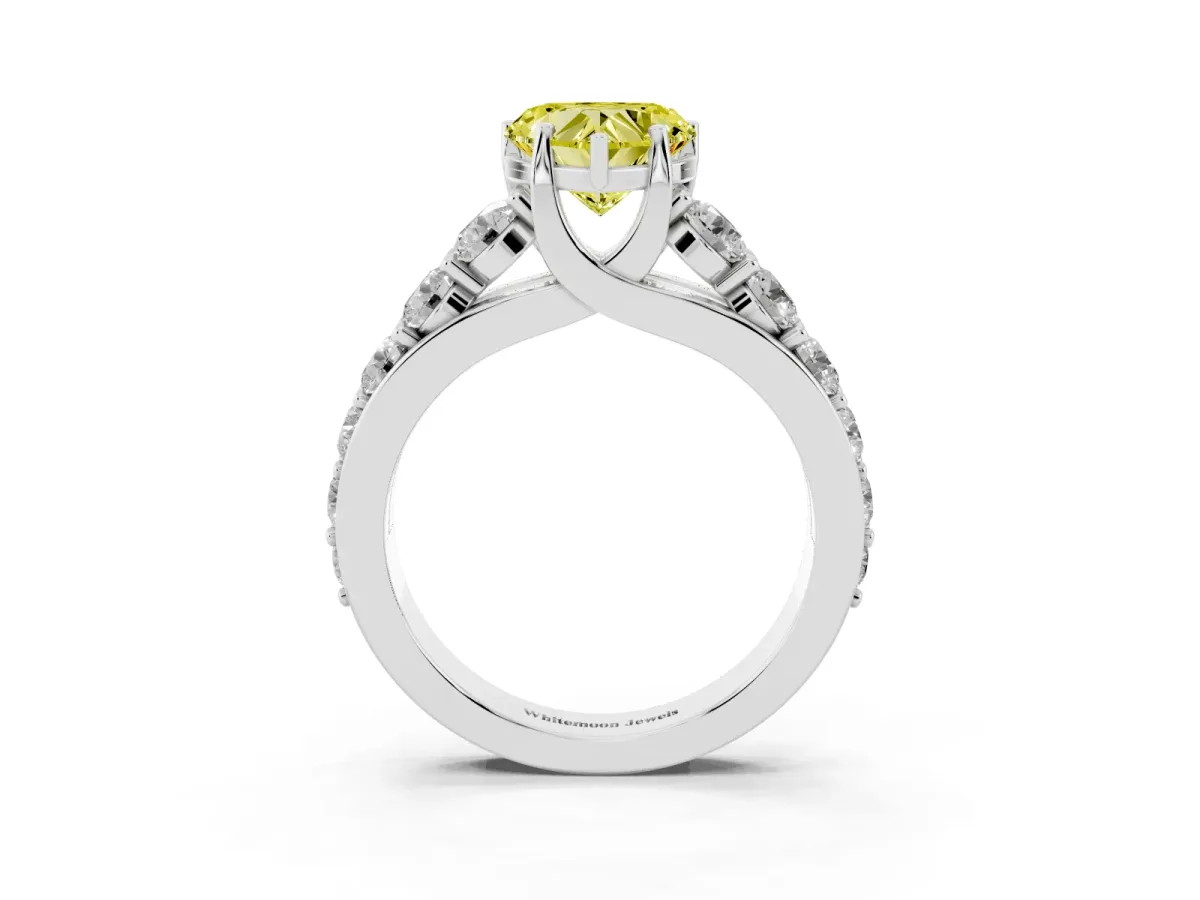 Fancy Yellow Heart Cut Diamond Engagement Ring with Pavé Band and Four-Prong Setting White gold