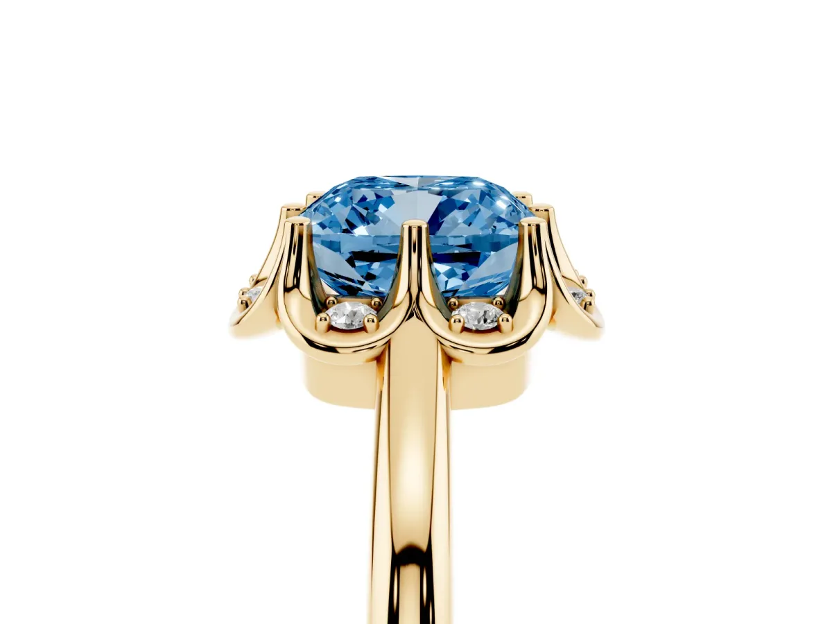 Fancy Blue Cushion Cut Halo Diamond Ring with Round Cluster Setting, Solitaire Band, and Four-Prong Setting Yellow gold