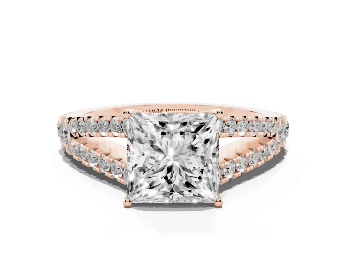 Princess Cut Diamond Split Shank Engagement Ring with Round Pavé and Prong Setting Rose gold