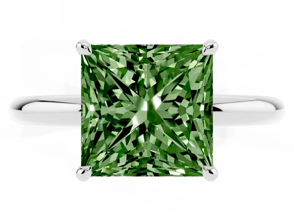 Fancy Green Princess Cut Diamond Solitaire Ring with Thin Band and Four-Prong Setting Silver