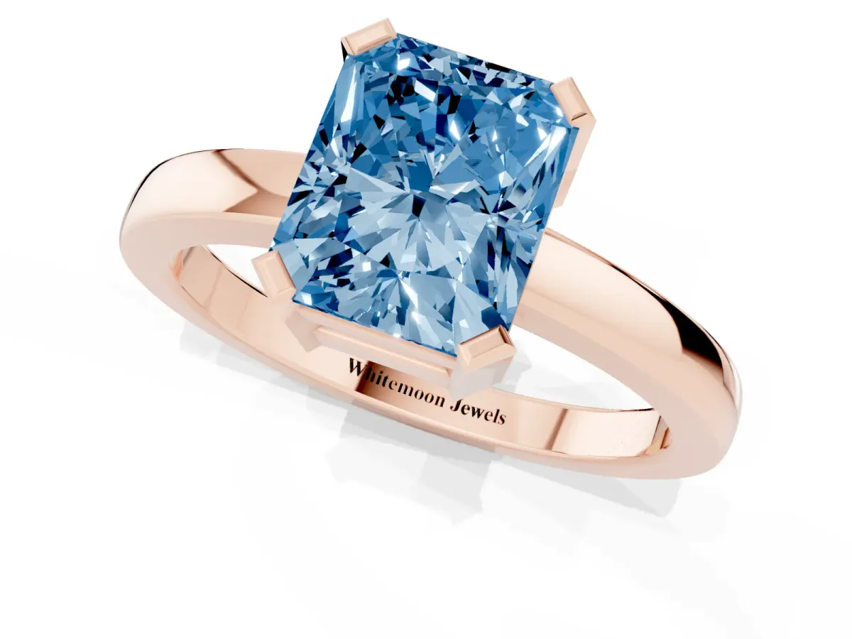 Fancy Blue Radiant Cut Cut Solitaire Ring with Four-Prong Setting and Classic Band Rose gold