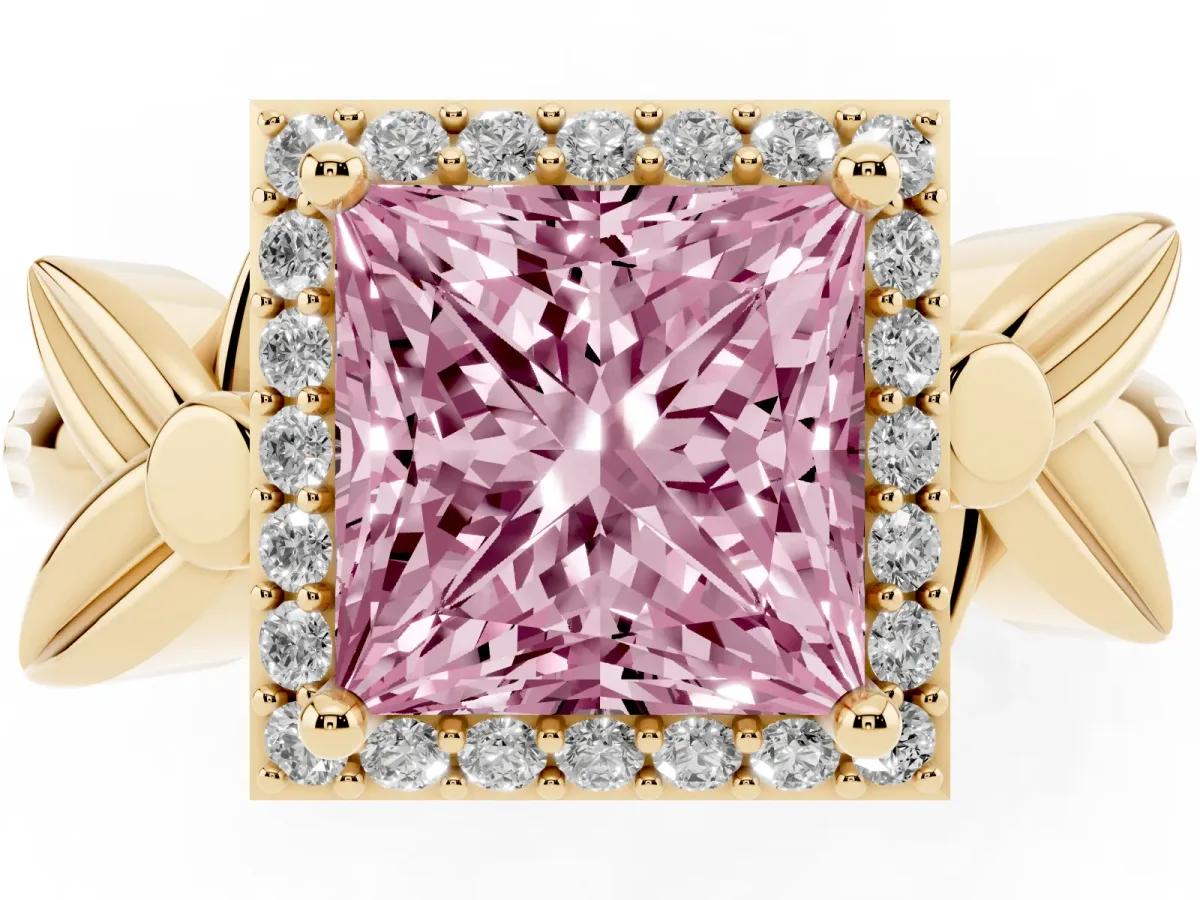 Fancy Pink Princess Cut Halo Diamond Floral Band with Four-Prong Setting Yellow gold