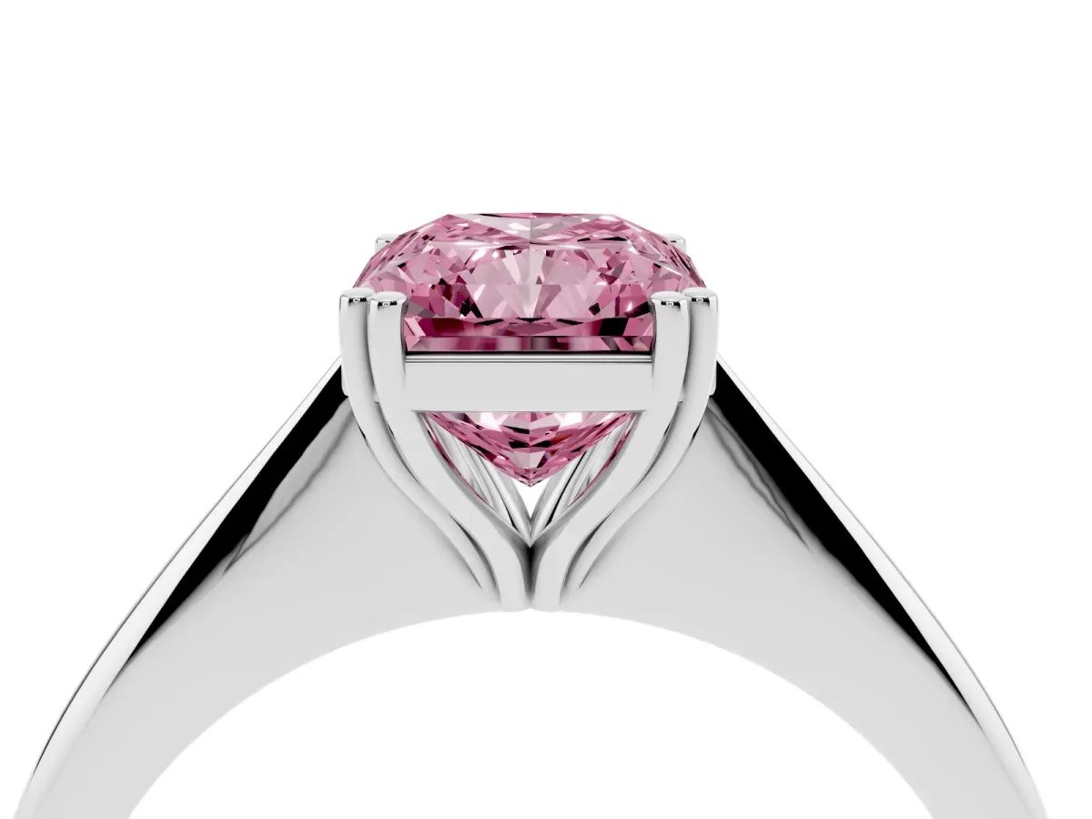 Fancy Pink Radiant Cut Solitaire Diamond Ring with Six-Prong Setting and Classic Band Silver