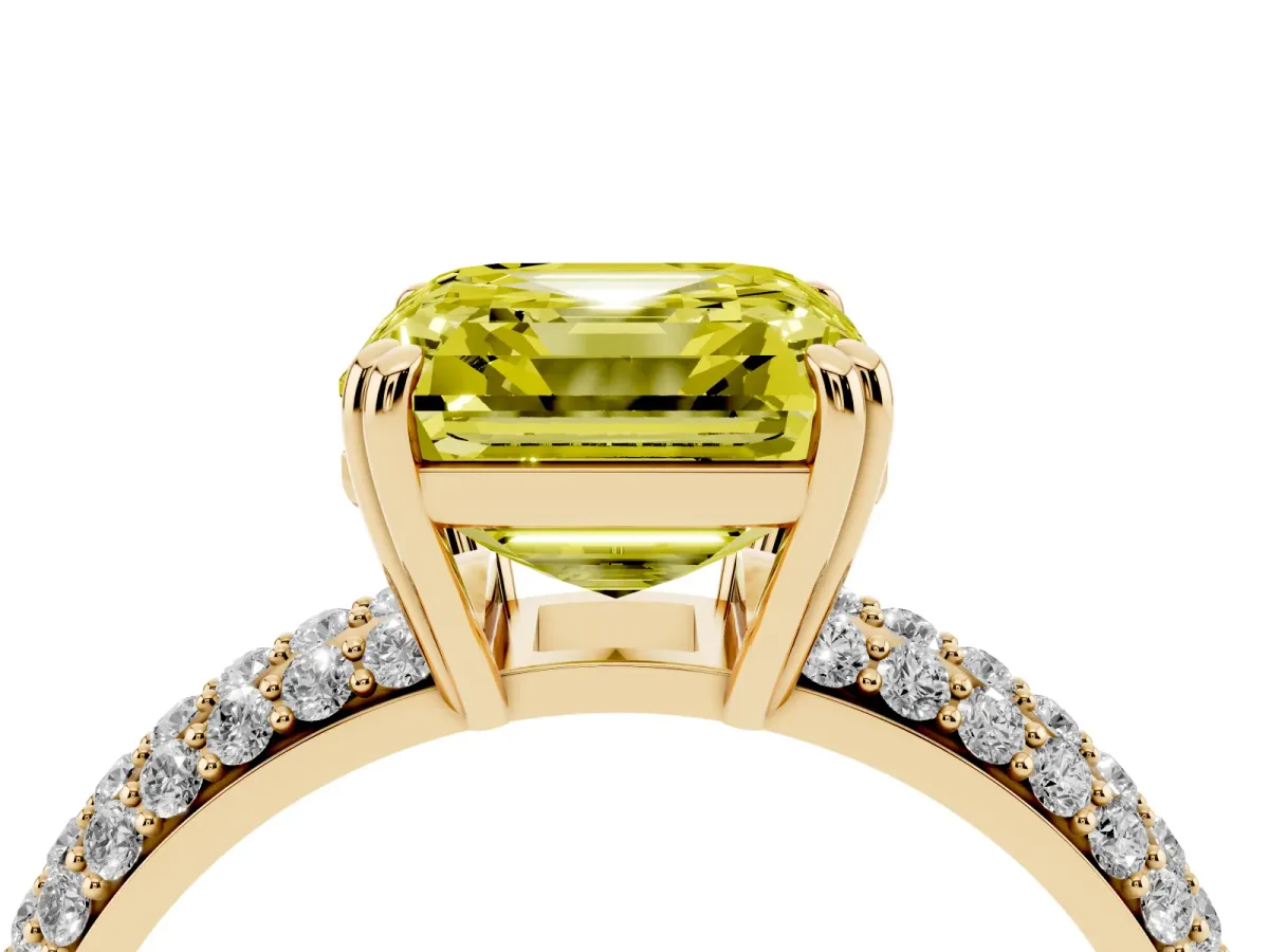 Fancy Yellow Asscher Cut Diamond Solitaire Ring with Multi-Row Round Pavé Band and Prong Setting Yellow gold