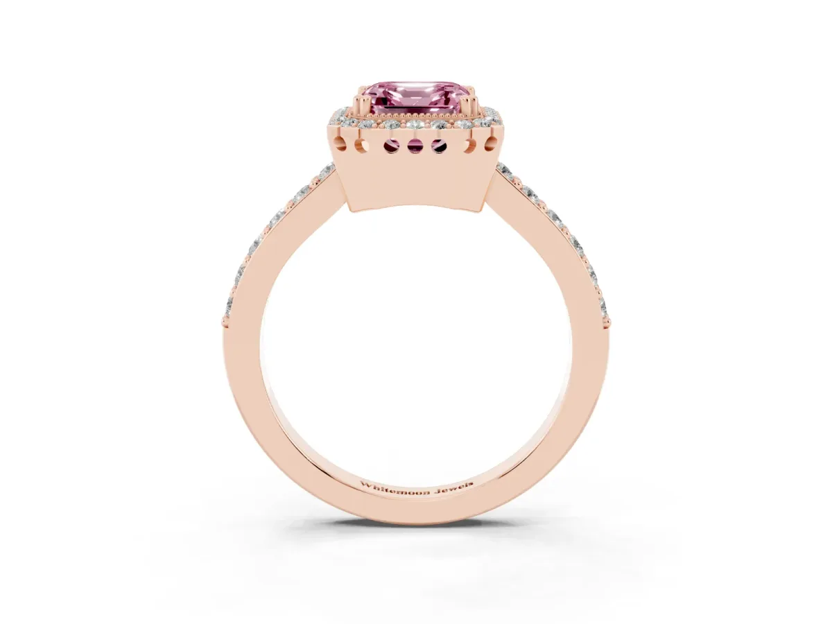 Fancy Pink Asscher Cut Cut Diamond Halo Engagement Ring with Milgrain Detail and Pavé Band Rose gold