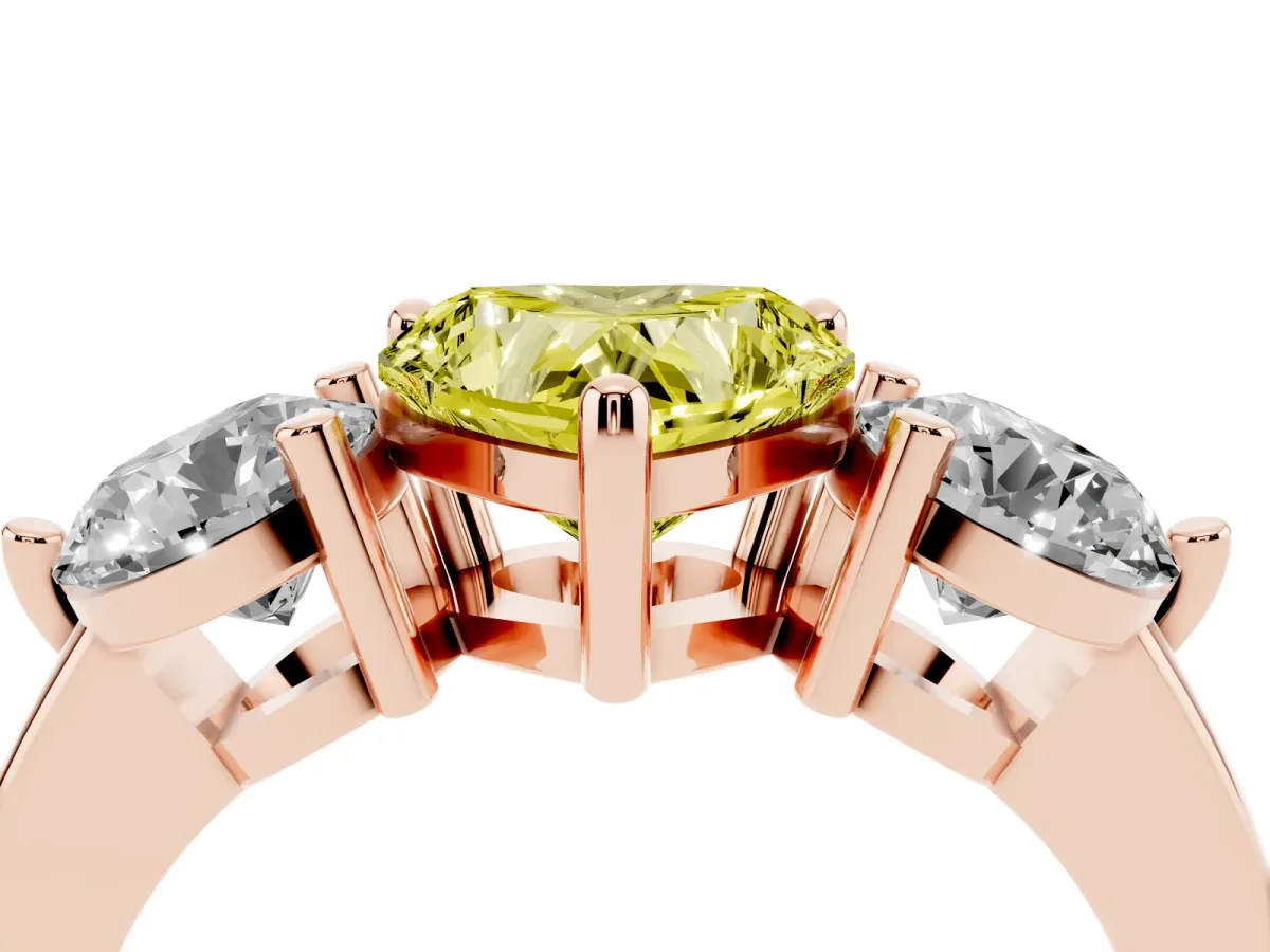 Fancy Yellow Three-Stone Heart Cut Brilliant Cut Solitaire Ring with Prong Setting on a Classic Band Rose gold