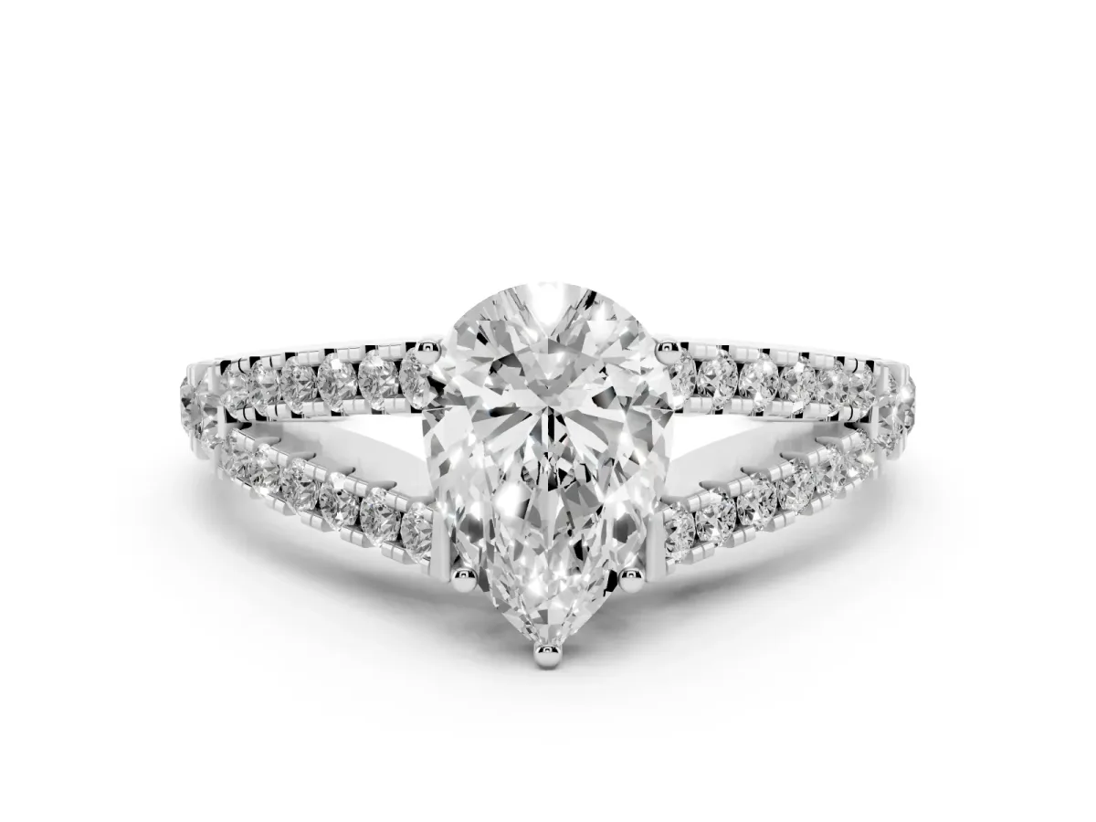 Pear Cut Diamond Split Shank Pavé Engagement Ring with Four-Prong Setting Platinum