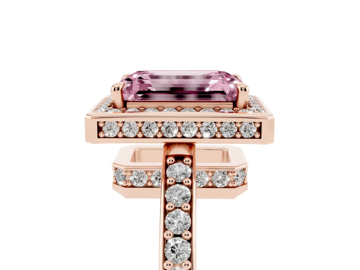 Fancy Pink Emerald Cut Halo Pave Band Solitaire Ring with Prong Setting Rose gold