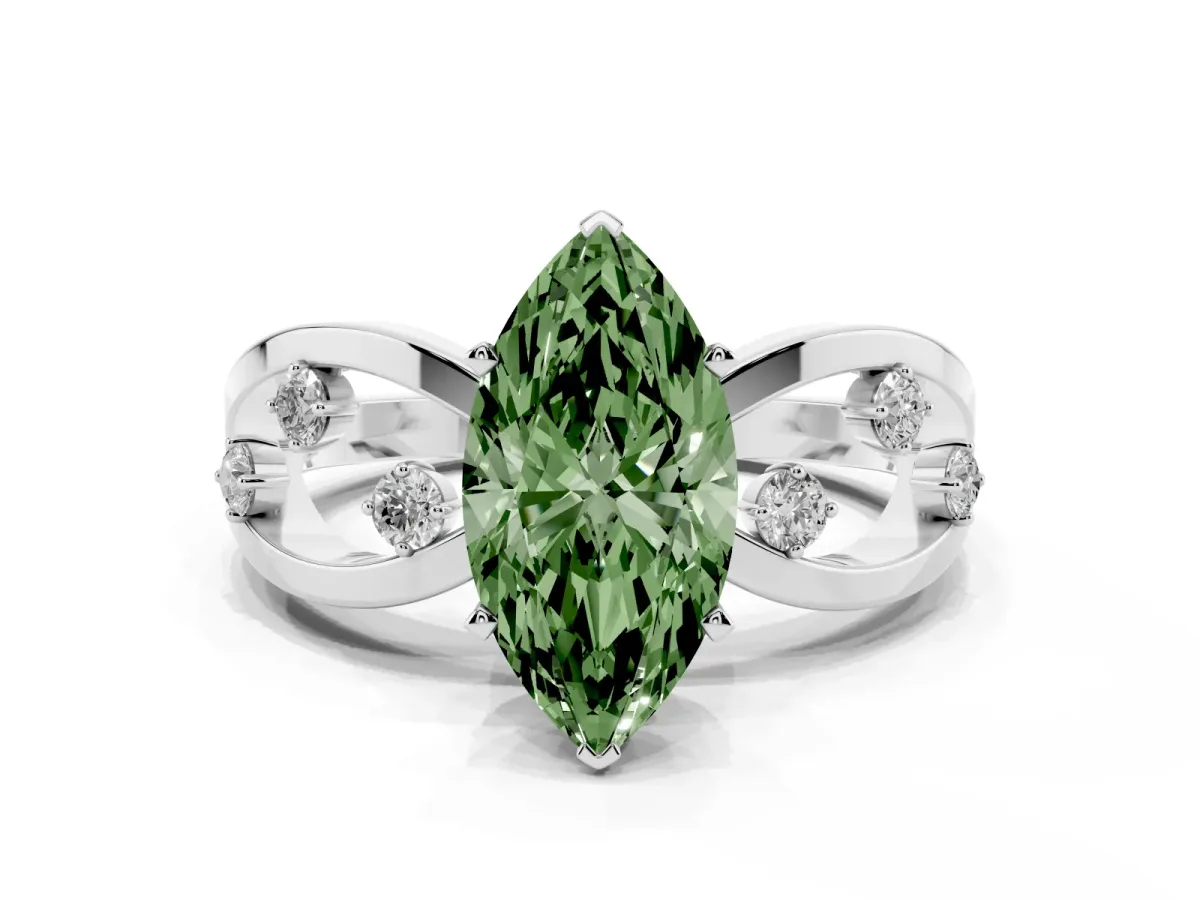 Fancy Green Marquise Cut Cut Solitaire Diamond with Side Stones on Criss-Cross Band and Four-Prong Setting Silver