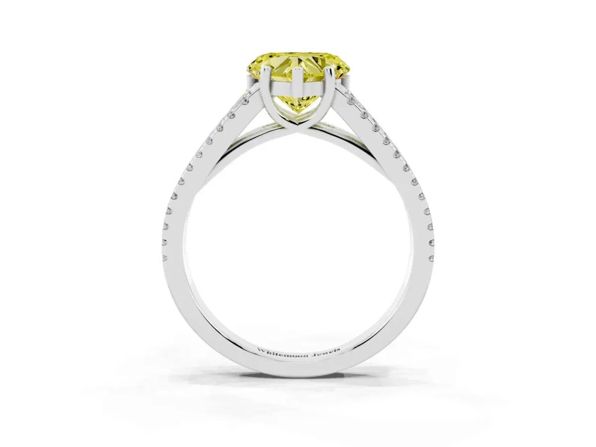 Fancy Yellow Heart Cut Diamond Solitaire Engagement Ring with Split Shank Pavé Band Silver