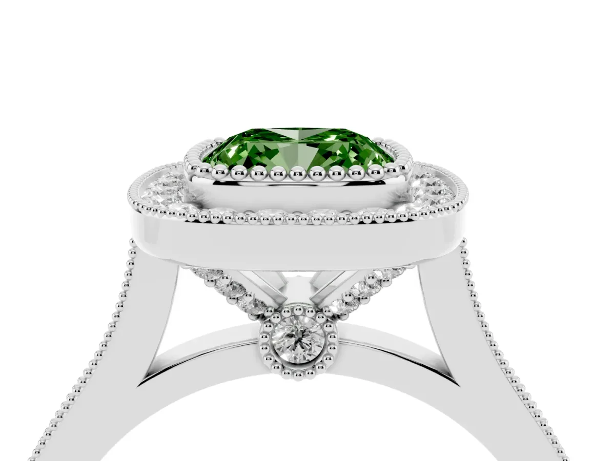Fancy Green Cushion Cut Diamond Halo Ring with Milgrain Frame and Pavé Band White gold