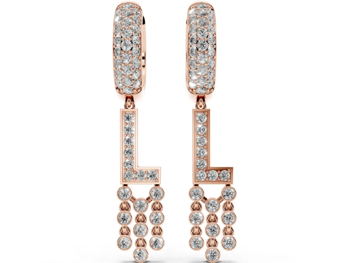 Round Diamond Initial L Huggie Hoop Earrings Rose gold