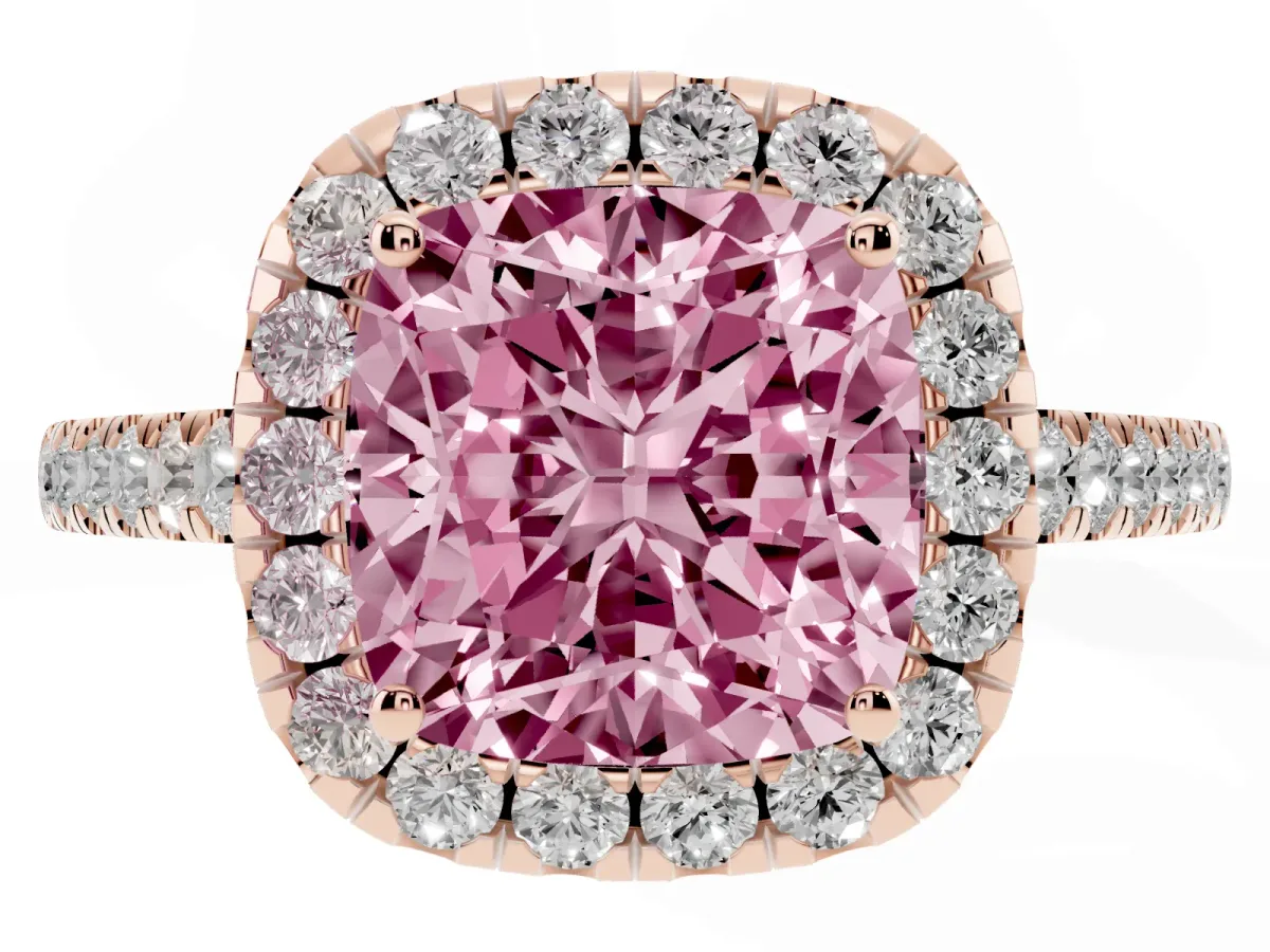 Fancy Pink Cushion Cut Halo Pave Diamond Engagement Ring with Four-Prong Setting Rose gold