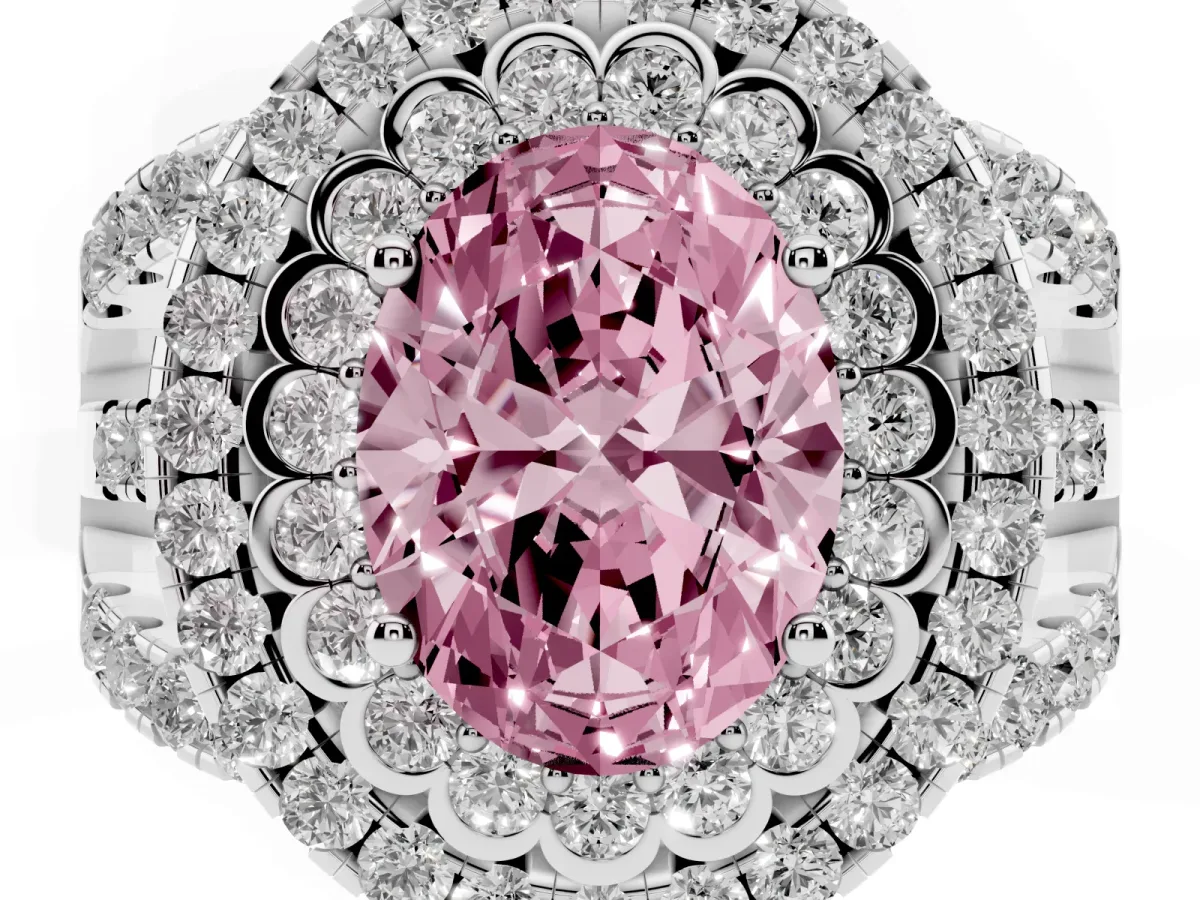 Fancy Pink Oval Cut Diamond Double Halo Ring with Round Pavé Split Shank and Prong Setting Silver