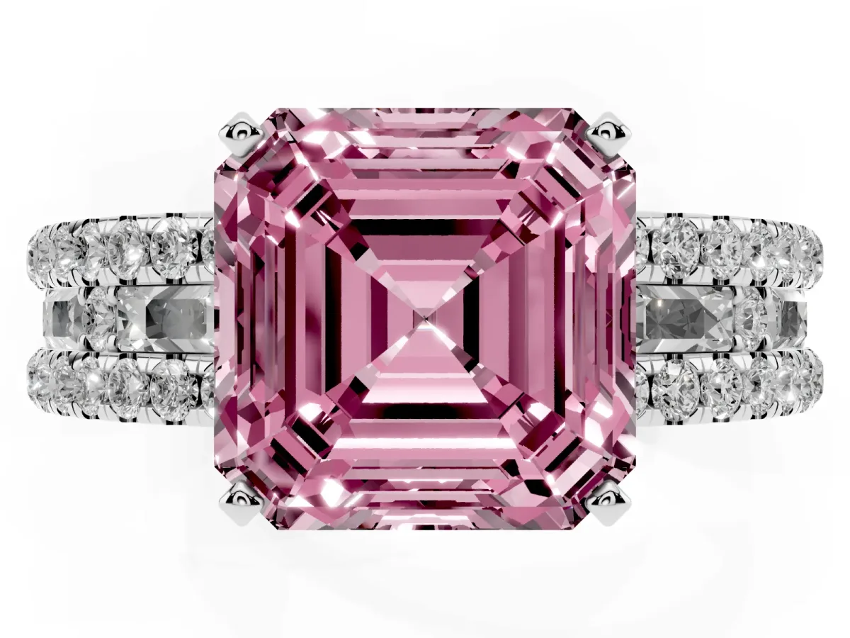 Fancy Pink Asscher Cut Diamond Solitaire Ring with Pavé and Channel Set Band Silver