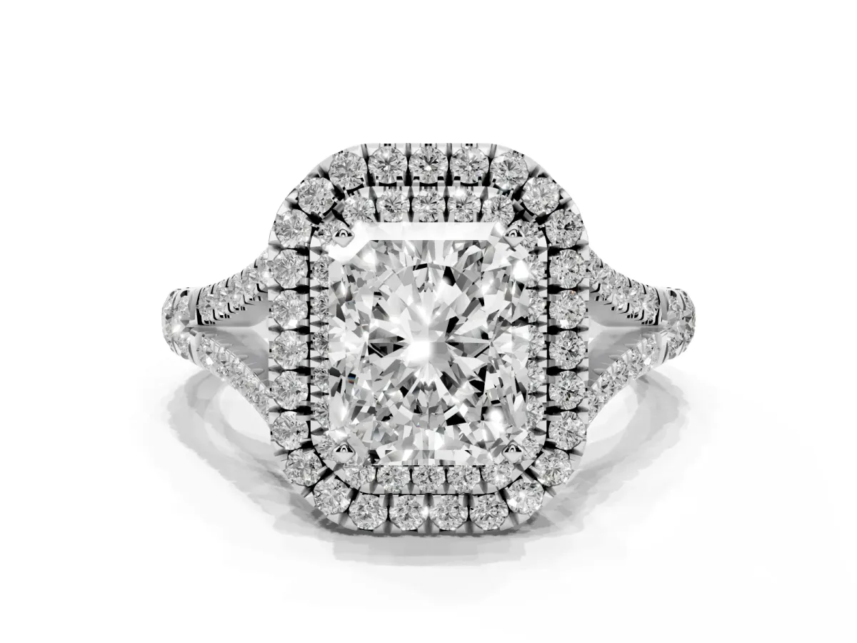 Radiant Cut Diamond Pavé Split Shank Double Halo Engagement Ring Silver