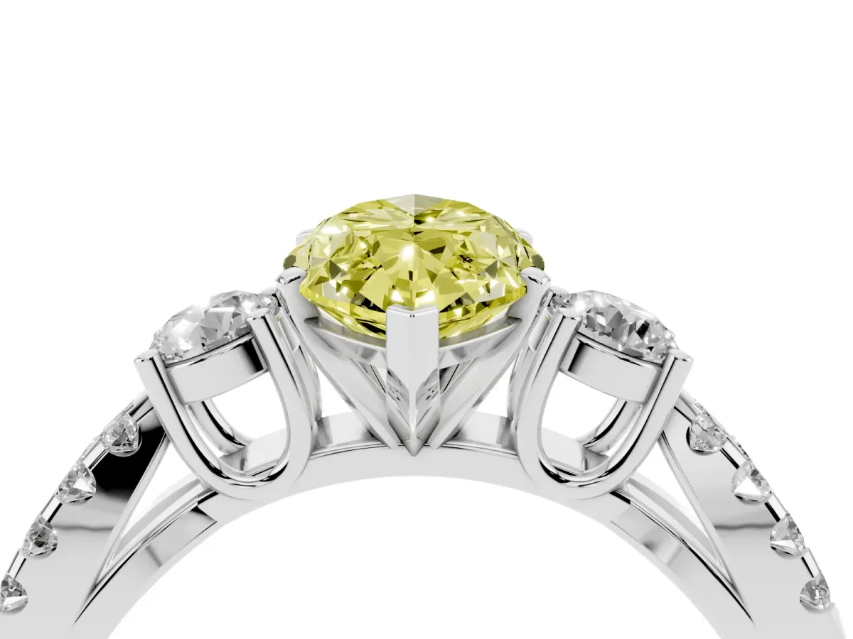 Fancy Yellow Marquise Cut Diamond Three-Stone Ring with Pavé Split Shank and Four-Prong Setting Platinum