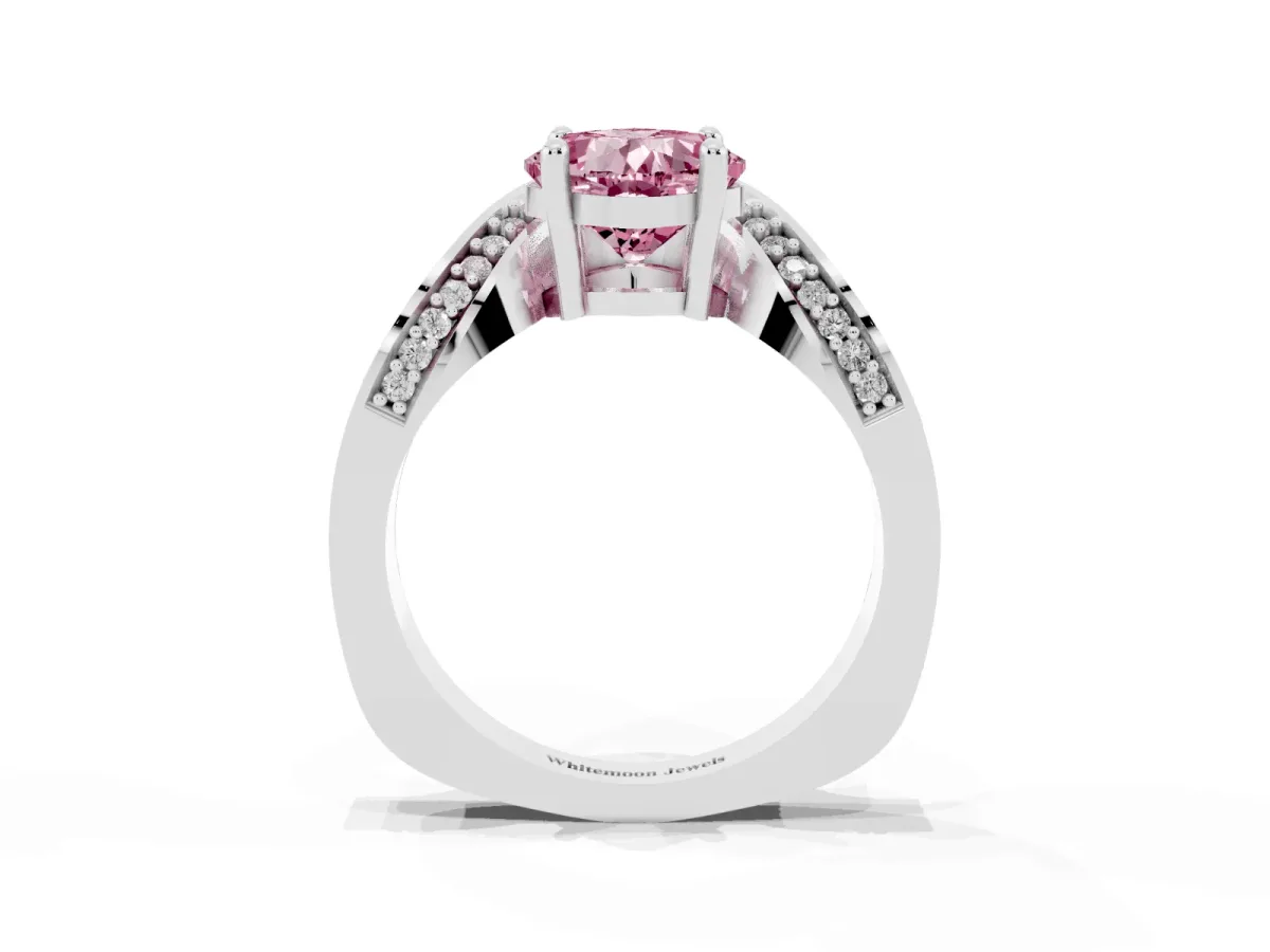 Fancy Pink Cushion Cut Solitaire Diamond Engagement Ring with Pave Band and Four-Prong Setting Silver