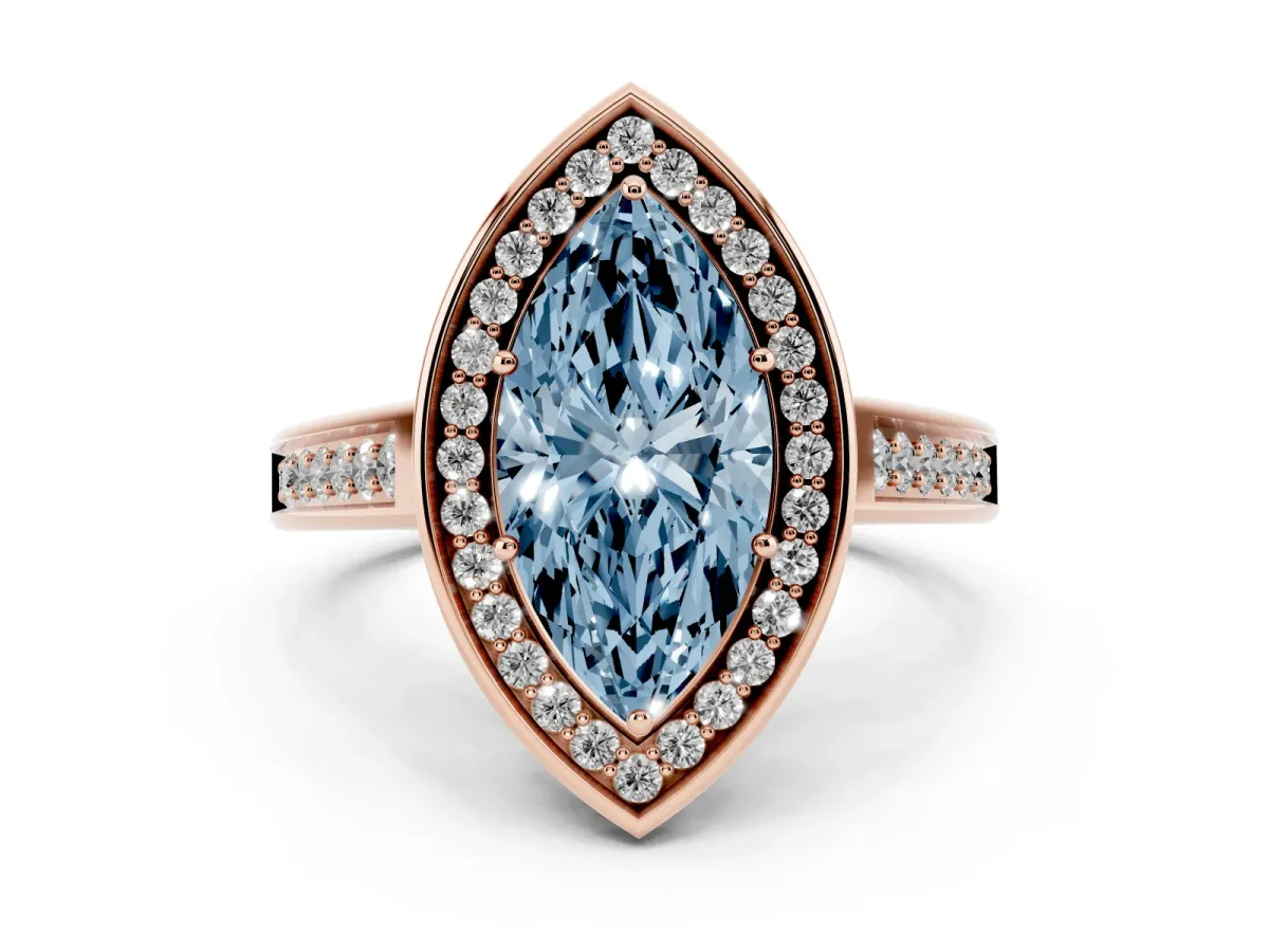 Fancy Blue Marquise Cut Halo Solitaire Diamond Ring with Pave Band and Bezel Setting Rose gold