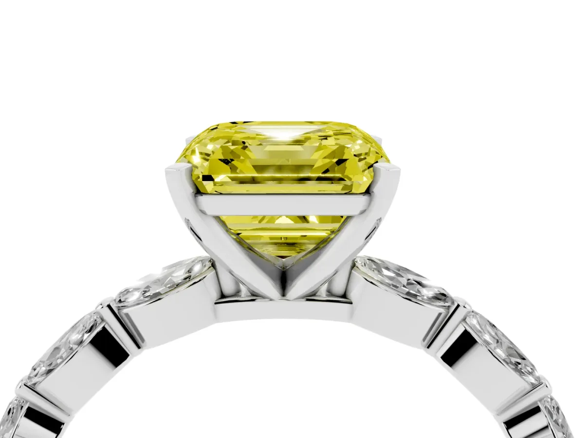 Fancy Yellow Asscher Cut Diamond Ring with Marquise Side Stones and Prong Setting Platinum
