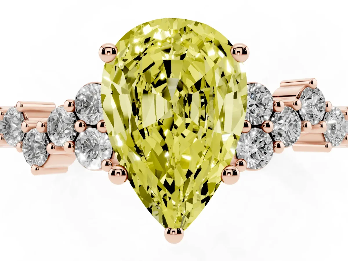 Fancy Yellow Pear Cut Diamond Scattered Round Accent Ring with Prong Setting Rose gold
