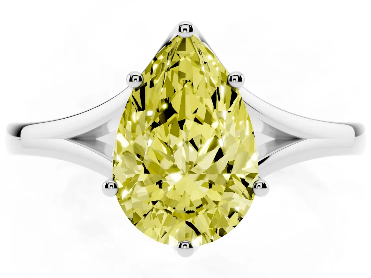 Fancy Yellow Pear Cut Solitaire Diamond Ring with Six-Prong Setting and Tapered Band White gold