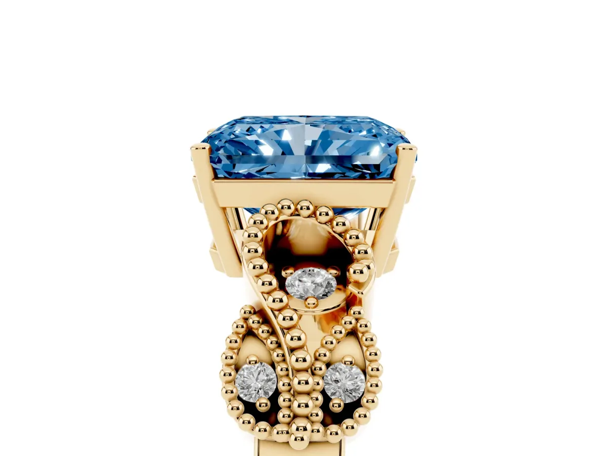 Fancy Blue Radiant Cut Solitaire Milgrain Leaf Band with Prong Setting Yellow gold