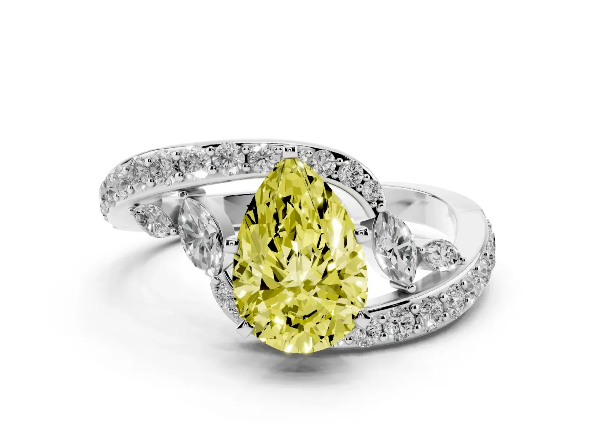 Fancy Yellow Pear Cut Solitaire with Pavé Twist Band and Four-Prong Setting Silver