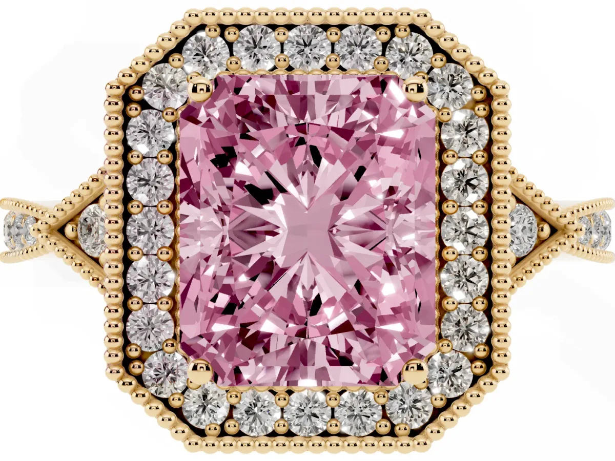 Fancy Pink Radiant Cut Halo Round Diamond Milgrain Pave Engagement Ring Yellow gold