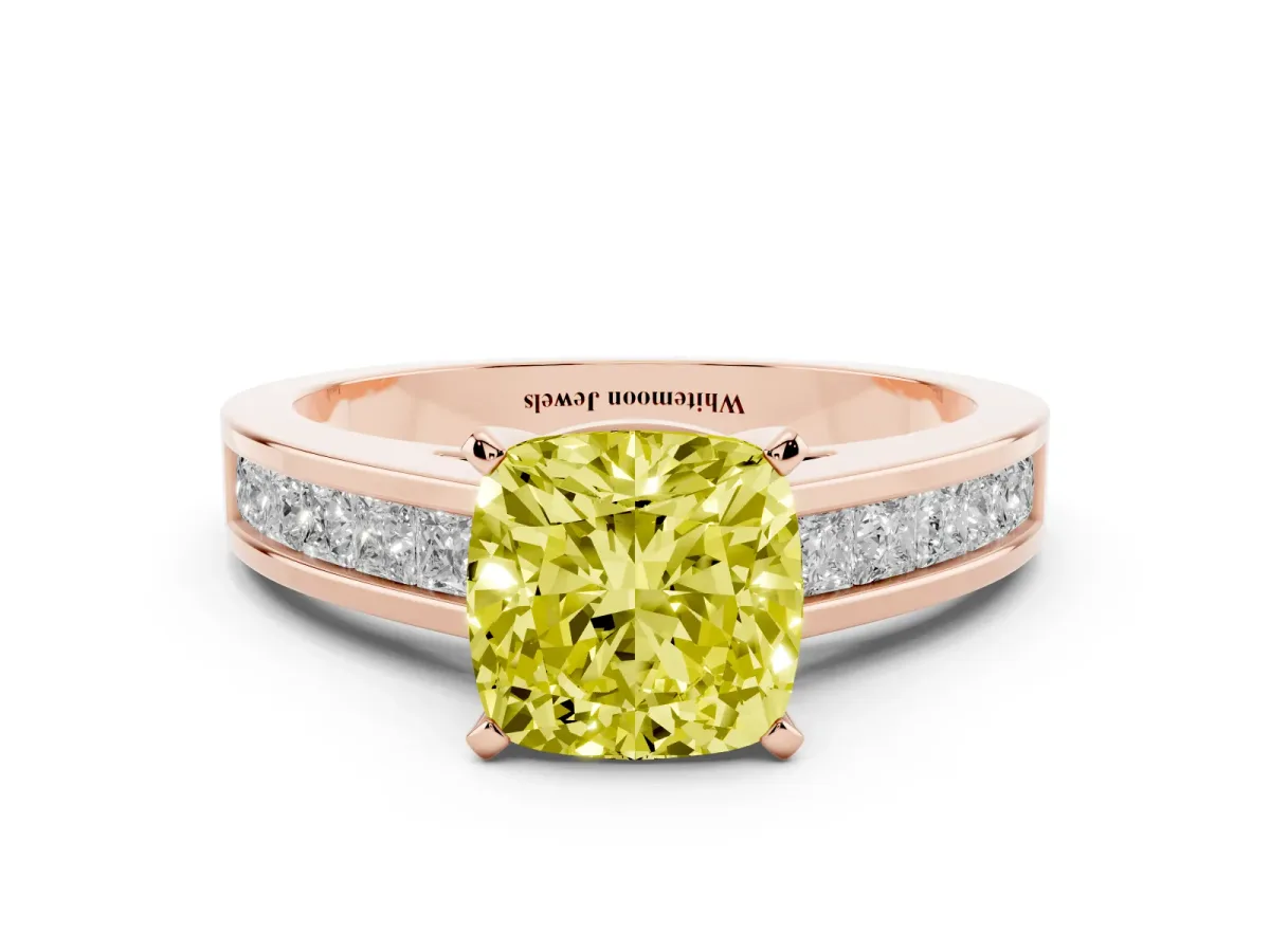 Fancy Yellow Cushion Cut Solitaire Diamond Ring with Channel-Set Band and Four-Prong Setting Rose gold