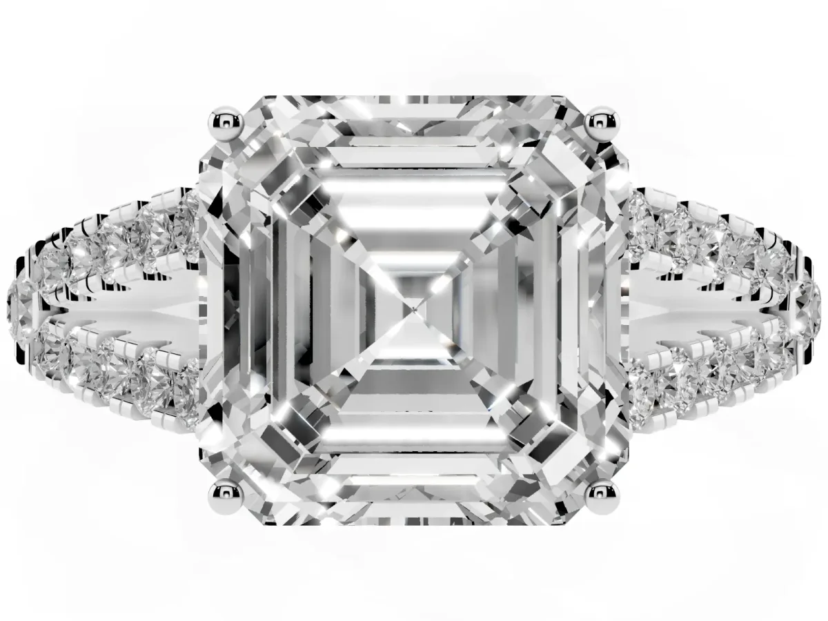 Asscher Cut Diamond Split Shank Pavé Engagement Ring with Four-Prong Setting Silver