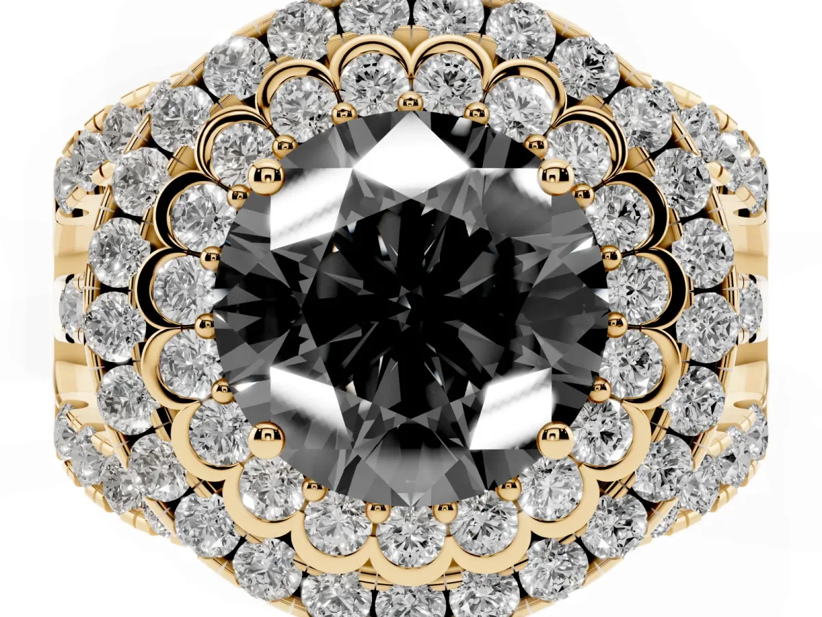 Fancy Black Round Cut Diamond Double Halo Ring with Round Pavé Split Shank and Prong Setting Yellow gold