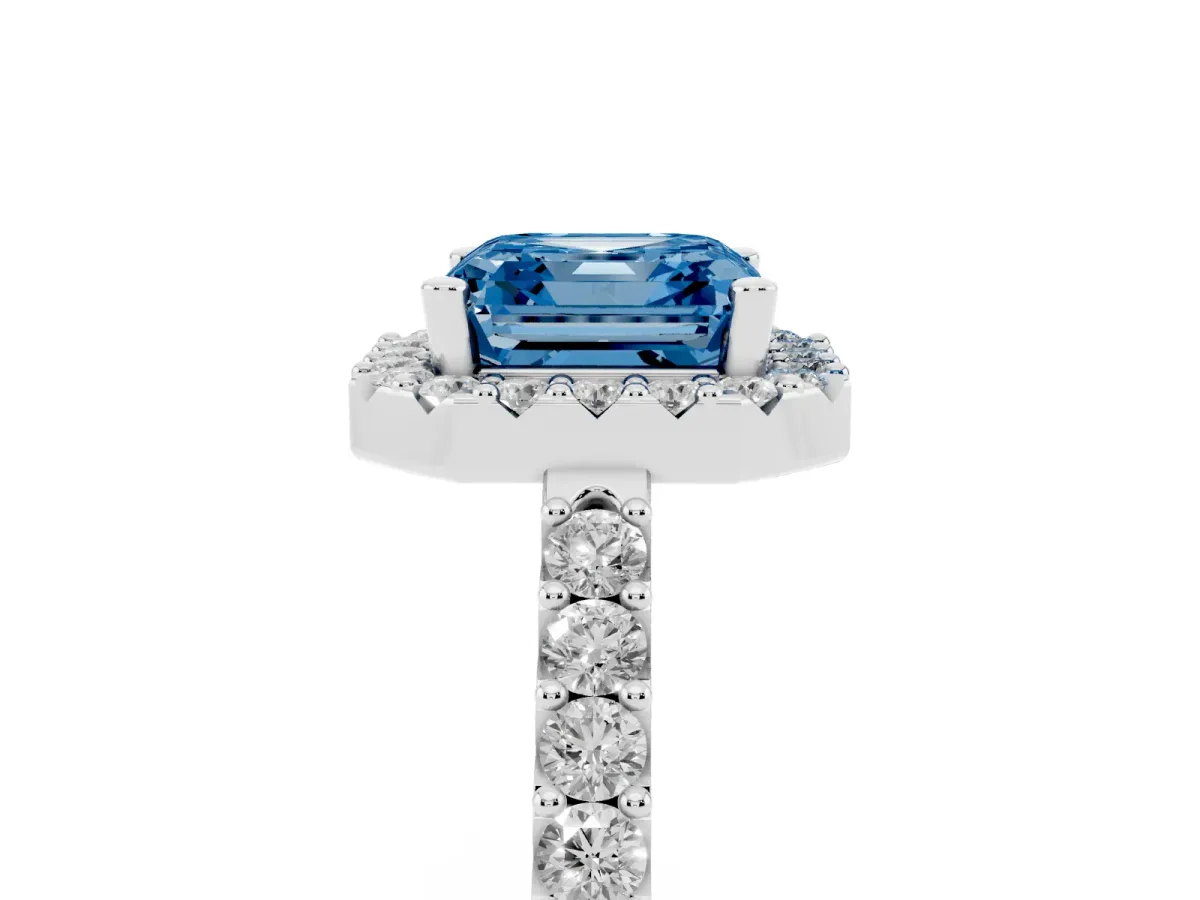 Fancy Blue Asscher Cut Halo Diamond Pavé Solitaire Ring Platinum