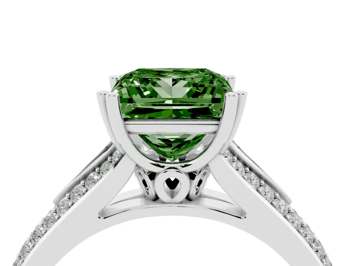 Fancy Green Princess Cut Diamond Split Shank Engagement Ring with Pavé Band Silver