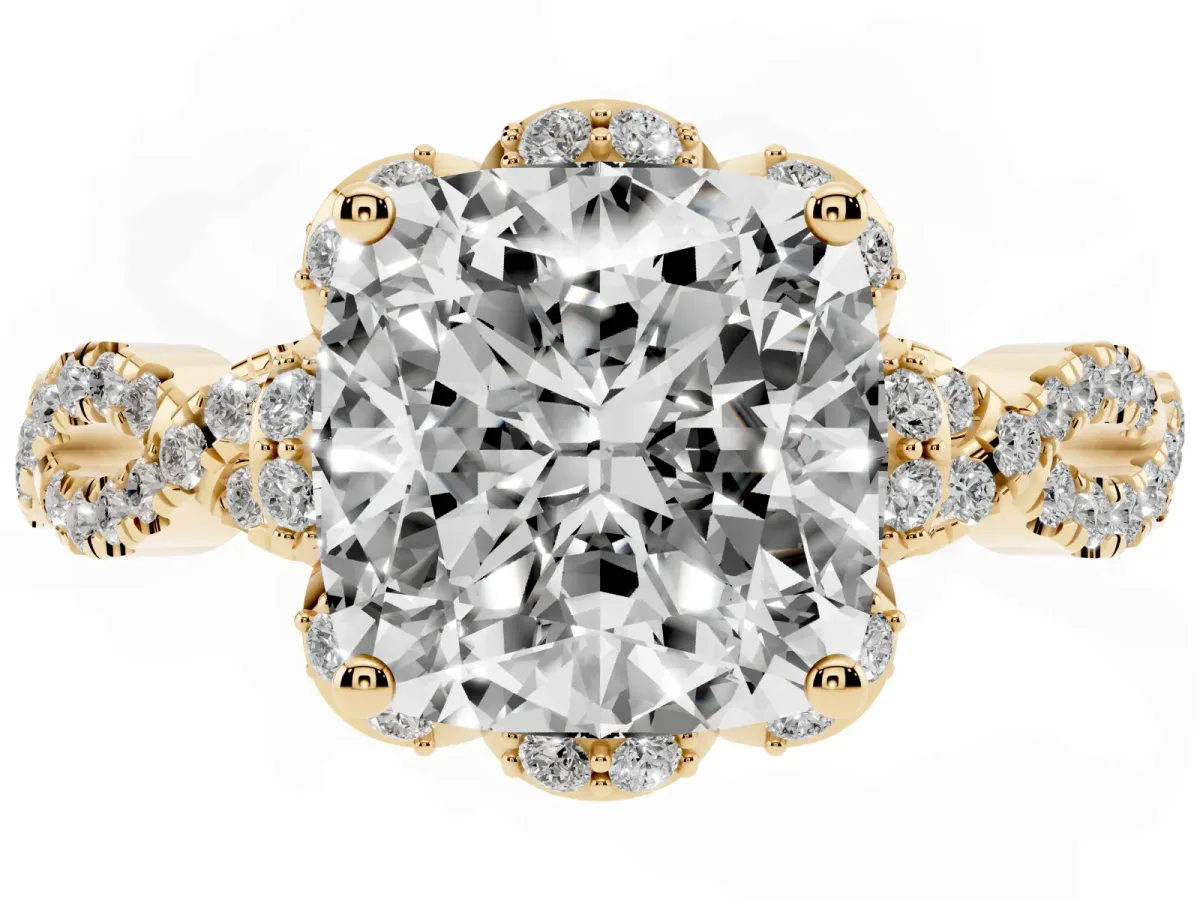 Cushion Cut Halo Twist Band Solitaire Ring with Six-Prong Setting Yellow gold