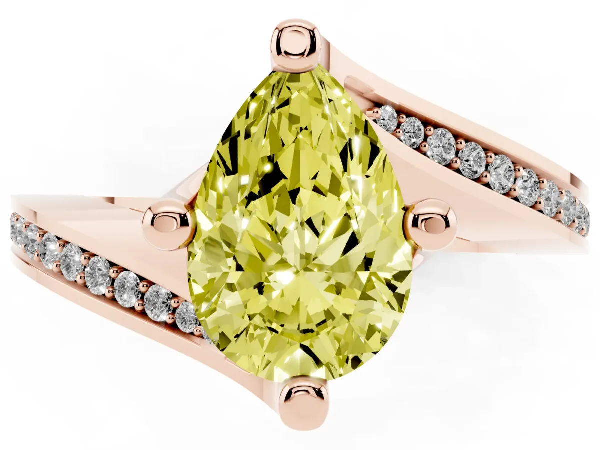 Fancy Yellow Pear Cut Solitaire Diamond Twist Band with Pavé Setting and Four-Prong Setting Rose gold