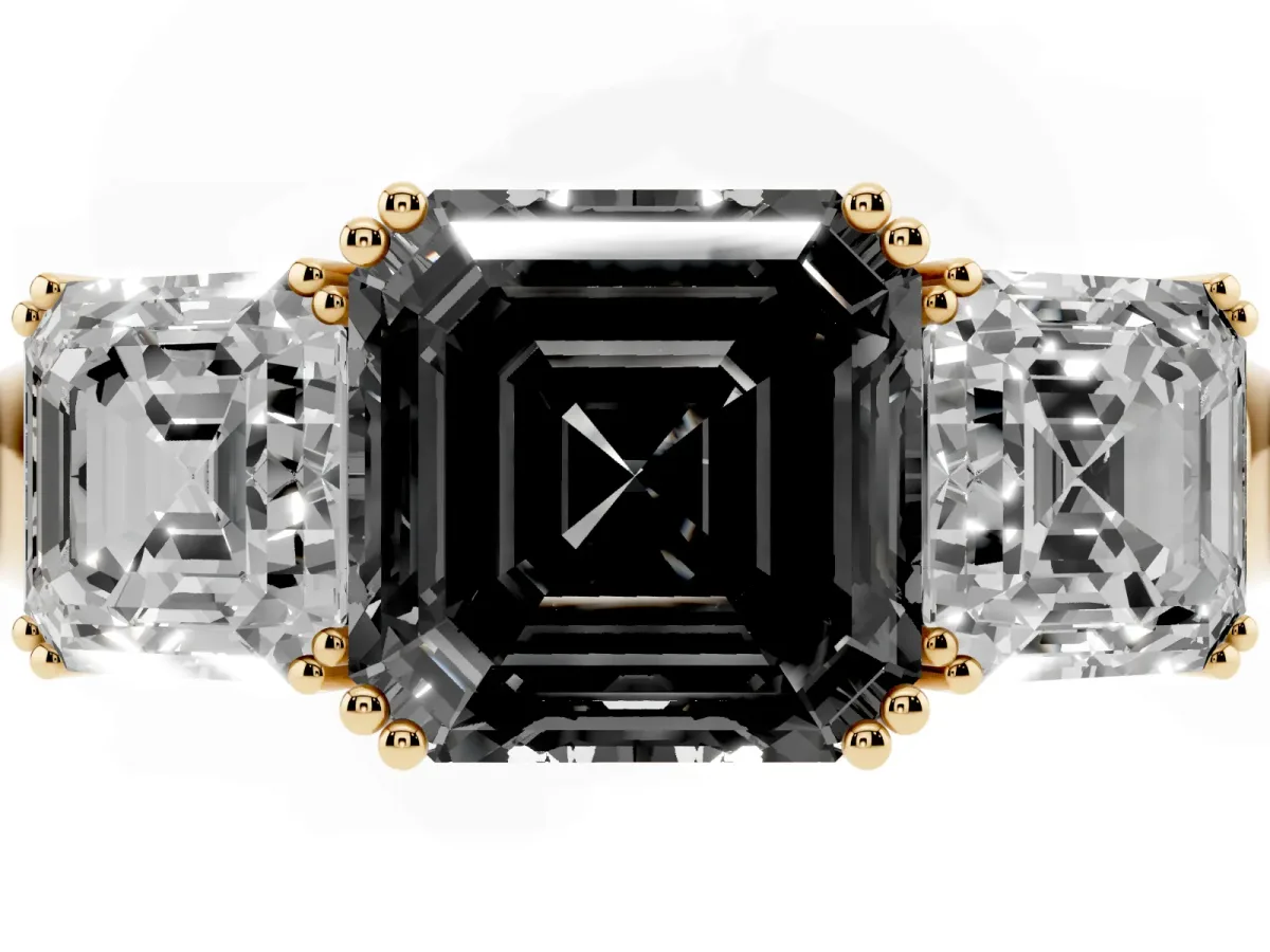 Fancy Black Three-Stone Asscher Cut Cut Diamond Ring with Channel Set Band and Four-Prong Setting Yellow gold